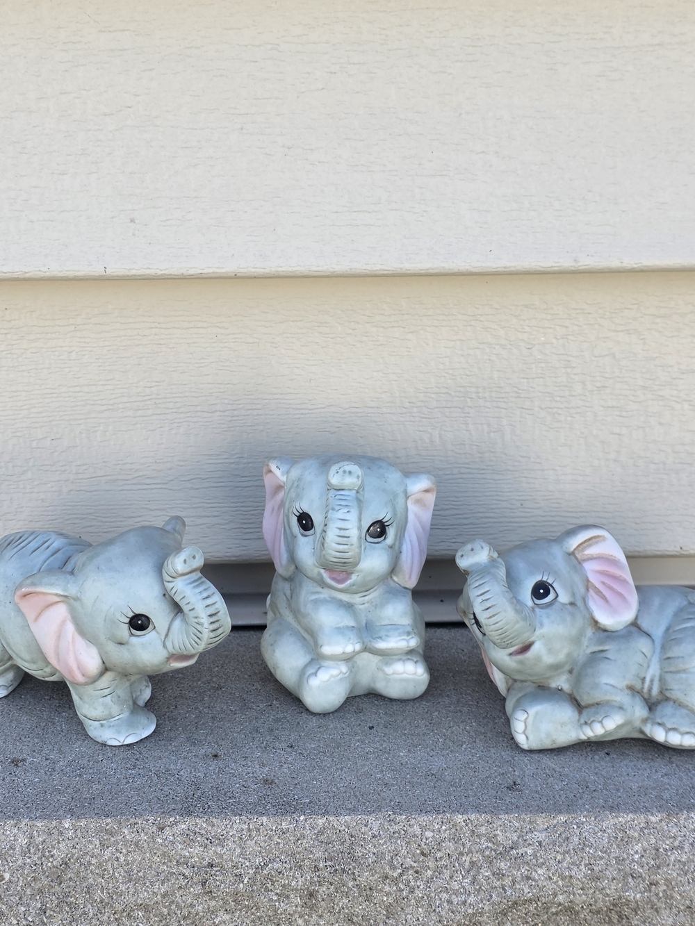 Homco Porcelain Elephant Trio in Pale Gray and Pink